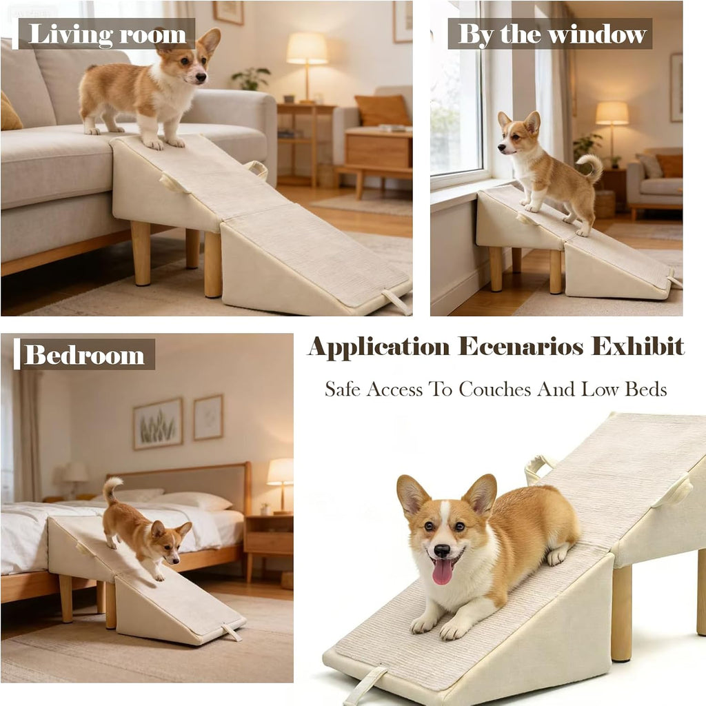Split Ottoman Dog Ramp for Couch and Low Bed, 2-In-1 Foldable Dog Stairs for Small Dogs and Cats, Wooden Pet Ramp with Non-Slip Surface, Portable Step Stool Design, off White