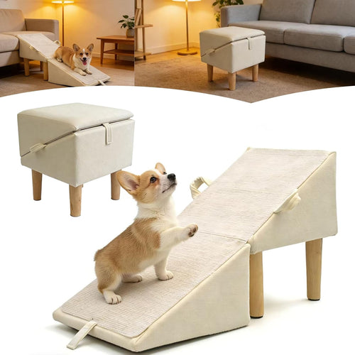 Split Ottoman Dog Ramp for Couch and Low Bed, 2-In-1 Foldable Dog Stairs for Small Dogs and Cats, Wooden Pet Ramp with Non-Slip Surface, Portable Step Stool Design, off White
