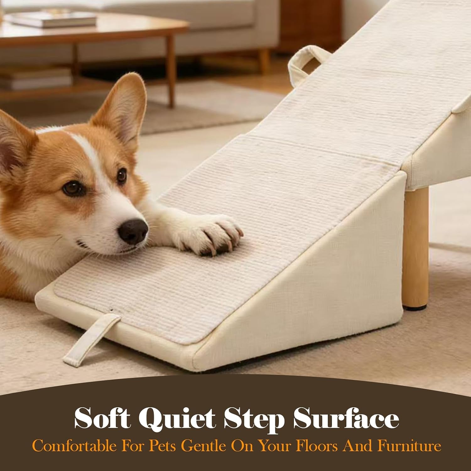 Split Ottoman Dog Ramp for Couch and Low Bed, 2-In-1 Foldable Dog Stairs for Small Dogs and Cats, Wooden Pet Ramp with Non-Slip Surface, Portable Step Stool Design, off White