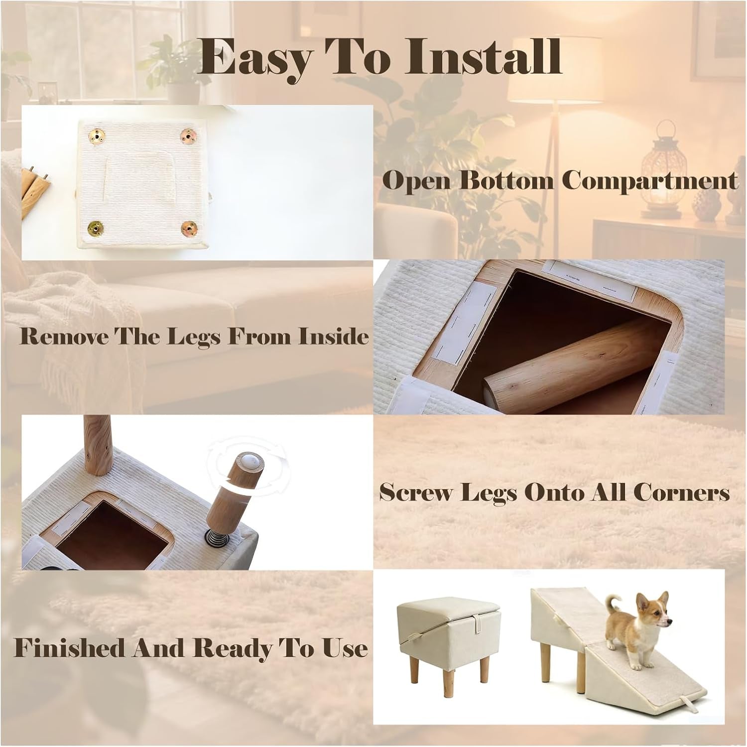 Split Ottoman Dog Ramp for Couch and Low Bed, 2-In-1 Foldable Dog Stairs for Small Dogs and Cats, Wooden Pet Ramp with Non-Slip Surface, Portable Step Stool Design, off White